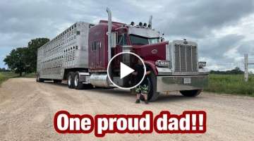 9 years old Hauling cattle in a 700+hp Peterbilt 379!!